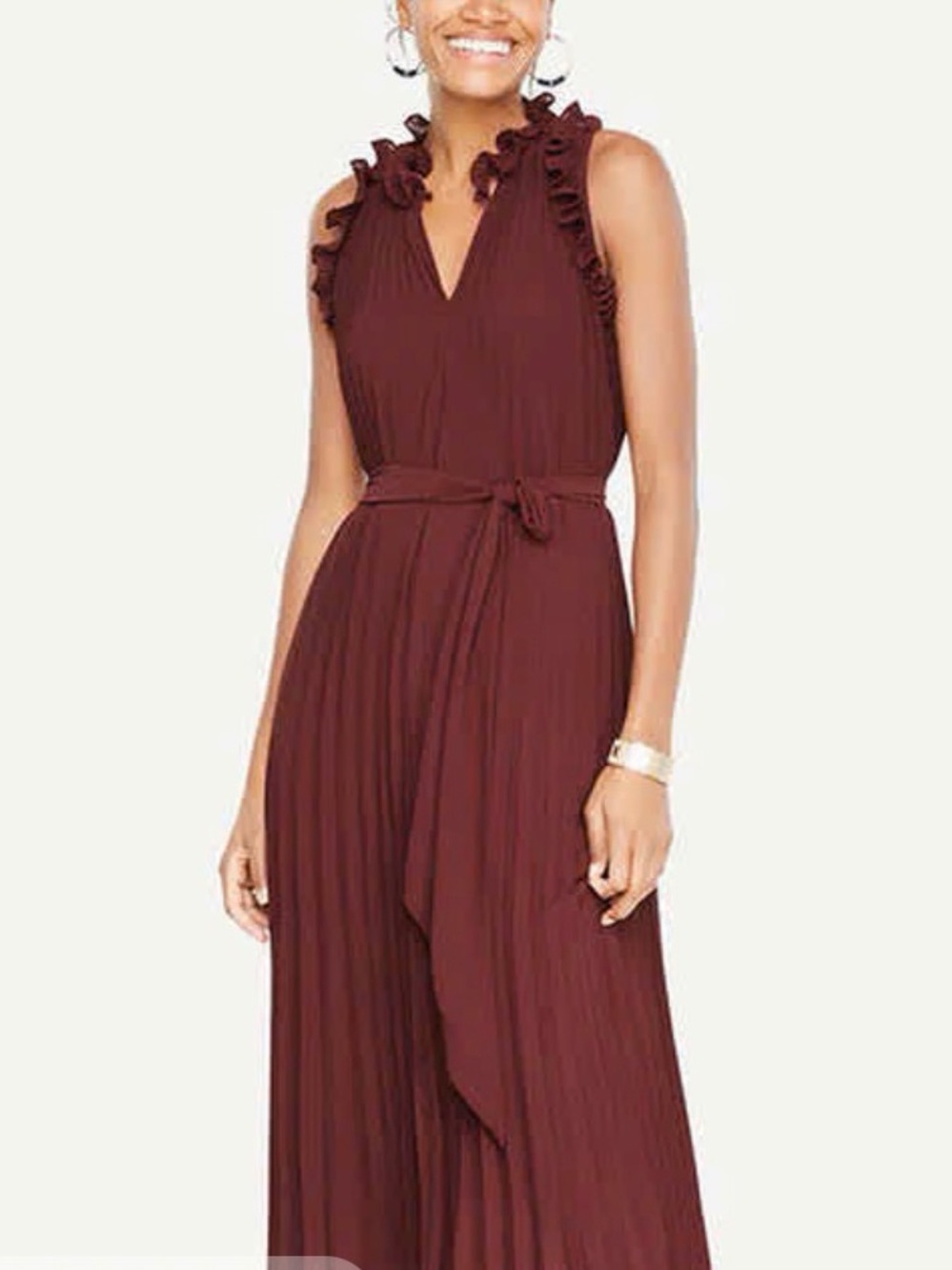 🍷 Ann Taylor Pleated Ruffle Shoulder Belted Dress | XS | Burgundy | Wedding